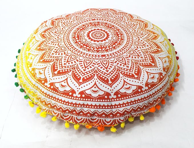 CRAFT KALA 32" Large Round Bohemian Floor Pillow Pouf Cover Mandala Meditation Room Pillow Cover for Adults Boho Seating Poufs Cushion Cover for Kids Playroom Yellow Orange Ombre - Bloomnest