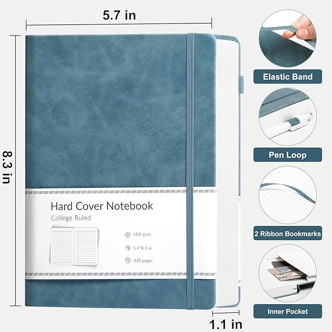 CAGIE Lined Journal Notebook, 320 Pages College Ruled Notebook, 100 Gsm Paper Thick Journal, A5 Hardcover Leather Journals for Writing Women Men, 5.7x8.3 In, Blue - Bloomnest