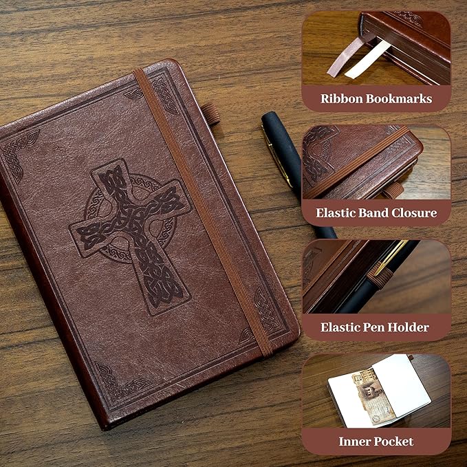 CAGIE Leather Lined Journal Notebook for Men & Women, Debossed Cross, 320 Pages 100 GSM Thick Paper, A5 Hardcover Journaling Notebooks for Writing, 5.7'' X 8.3'' Diary, Brown - Bloomnest