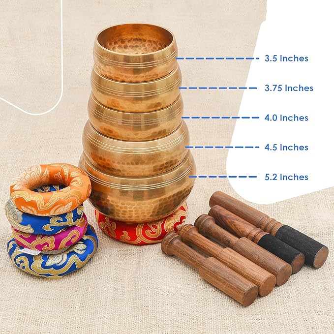 Tibetan Singing Bowl Set-Authentic Cuencos Tibetanos for Sound Healing, Meditation & Chakra Balancing - Includes Cushion, Mallet-Unique Spiritual Gifts for Women and Men (5 Chakra Bowl Set) LNYSI