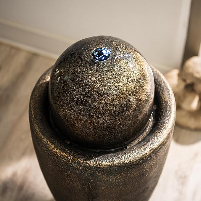 XBrand 25.98" H Round Stone Indoor/Outdoor Modern Stone Textured Sphere Water Fountain w/LED Lights, Bronze - Bloomnest
