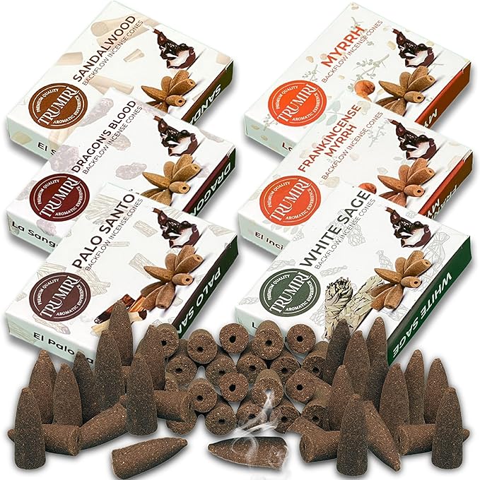 Woody - Backflow Incense Cones for Waterfall - Scented Inscents-Cones - Sandalwood, Dragons Blood, Palo Santo, White Sage - Insiensos Aromaticos - 6x10=60 Large Variety Pack - Back Flow Down Reverse TRUMIRI