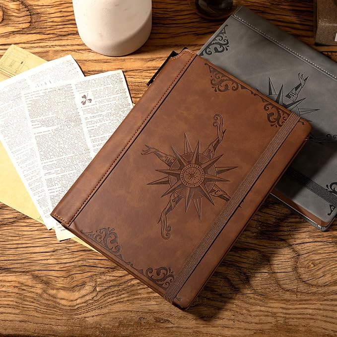 CAGIE Compass Leather Notebook Journal for Men, 100 GSM 288 Pages Lined Journals for Writing, A5 Hardcover Journaling Notebooks Gift Set with Pen for Travel Office Daily Writing - Bloomnest