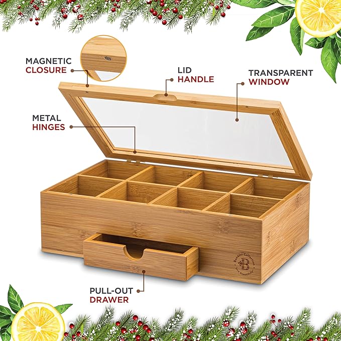 Bambüsi Tea Box Organizer with Drawer - 8 Compartment Bamboo Wooden Tea Storage Chest with Acrylic Window & Magnetic Lid - Tea Accessories & Gift Set for Women, Birthdays, House Warming Gifts New Home - Bloomnest