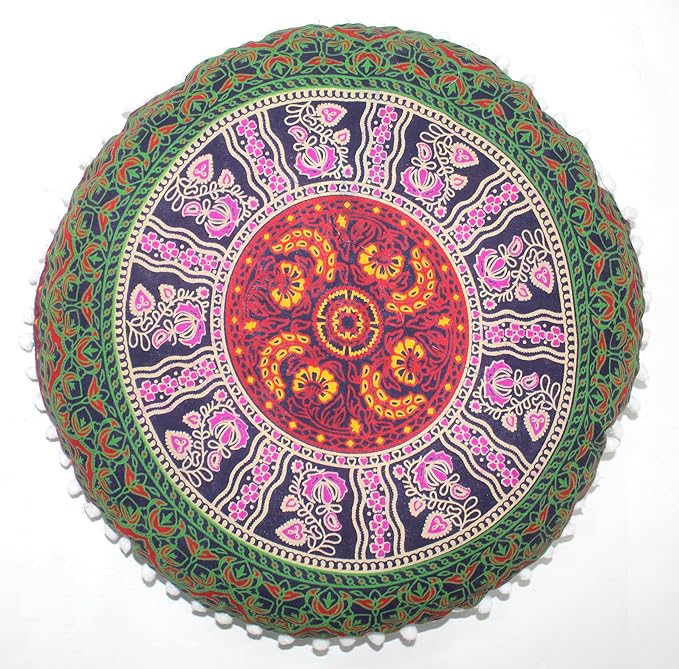 CRAFT KALA 22" Bohemian Floor Pillow Pouf Cover Mandala Boho Large Round Meditation Room Pillow Covers for Adults Seating Poufs Cushion Cover for Kids Playroom Multi 6 Color - Bloomnest