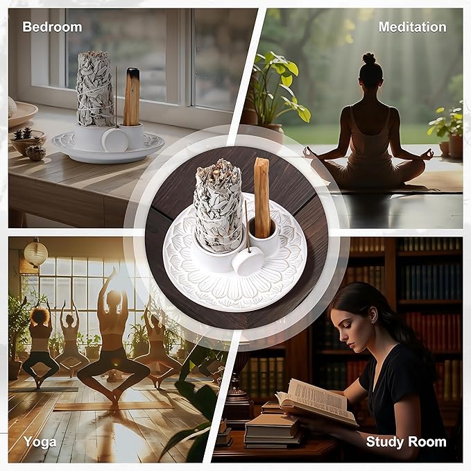 4 in 1 Incense Holder, Ceramic Incense Stick and Palo Santo Holder,Sage Holder for Burning- 5.5" Ceramic Ash Catcher Tray for Meditation and Yoga Room (White) - Bloomnest
