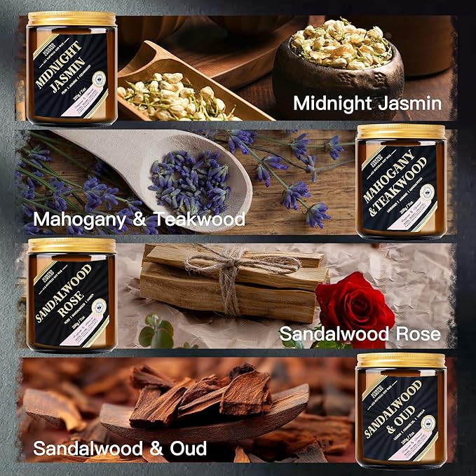 Men Candles, 4 Pack Scented Candle Set - 28oz 300 Hours Long Lasting Candles for Home Scented, Gifts for Men, Birthday, Christmas Day, Anniversary,Jasmin/Oud/Sandalwood/Mahogany - Bloomnest