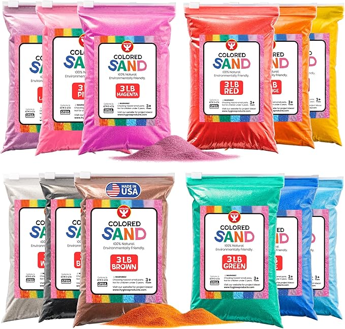 Hygloss Colored Sand for Crafts -12 Assorted Colors Bags - 3 lb Vibrant Colorful Fine Sensory Play Sand Art Kits for Kids - Classroom Activities for Children 3 4 5 6 7 8 9 10 11 12 - Safe for Ages 3+ - Bloomnest