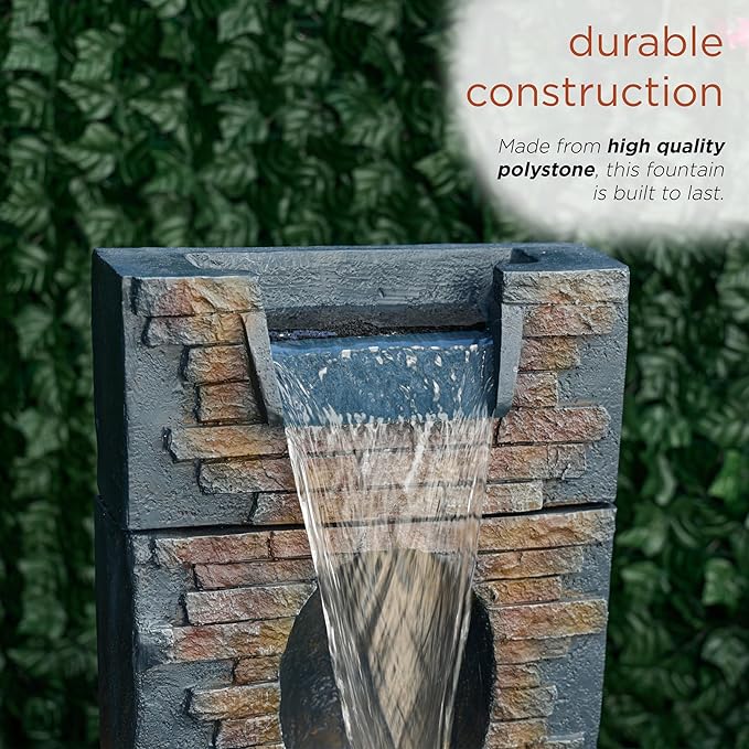 Alpine Corporation TZL398 40" Stone Wall Cascading Fountain with LED Lights, Elegant Outdoor Water Feature for Garden, Patio, Backyard & Home Decor, Relaxing Waterfall Fountain, Gray - Bloomnest