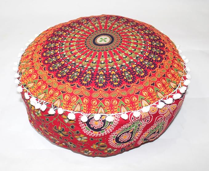 INDIAN CRAFT CASTLE ICC Red Peacock Mandala Barmeri Large Floor Pillow Cover Cushion Meditation Seating Ottoman Throw Cover Hippie Decorative Zipped Bohemian Pouf Ottoman Cases 16" Round - Bloomnest