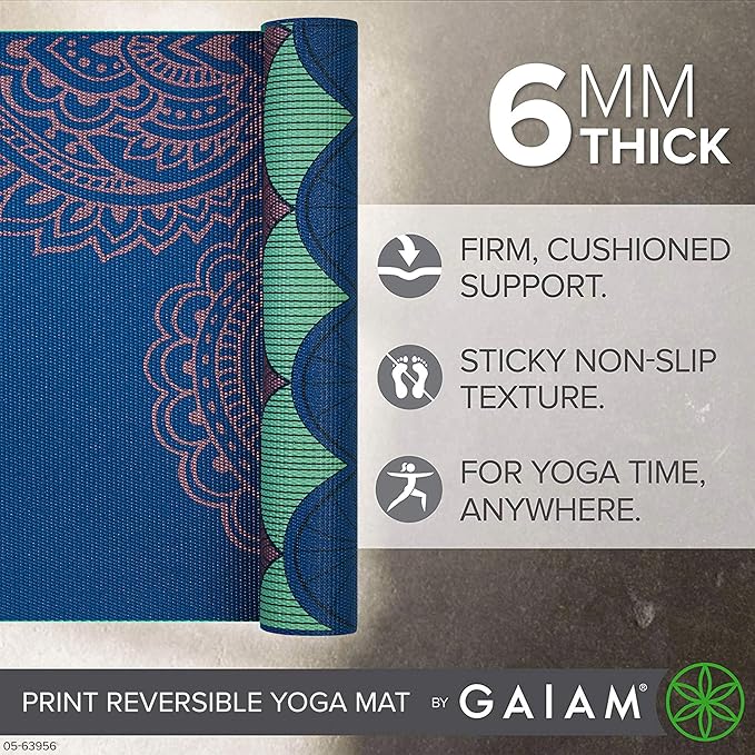 Gaiam Yoga Mat - Premium 6mm Print Reversible Extra Thick Non Slip Exercise & Fitness Mat for All Types of Yoga, Pilates & Floor Workouts (68" x 24" x 6mm Thick) - Bloomnest