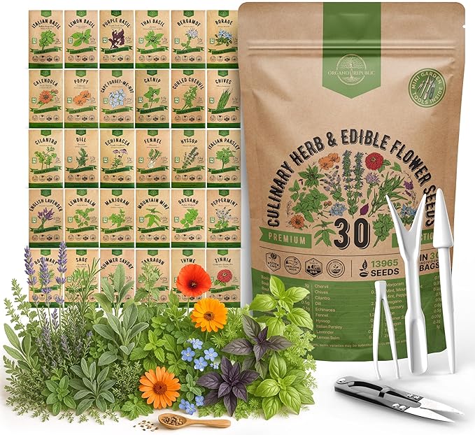 Organo Republic 30 Culinary Herbs & Edible Flower Seed Variety Pack- Indoor/Outdoor. 14000+ Non-GMO Heirloom Flower Seeds: Basil, Borage, Echinacea, Lavender, Oregano, Rosemary Seeds & More - Bloomnest