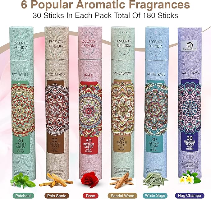 DharmaObjects Premium 180 Incense Sticks - Mix 6 Fragrances, Palo Santo, Sandal Wood, Nag Champa, White Sage, Rose and Patchouli Incense Gift Set Include 6 Holders DharmaObjects