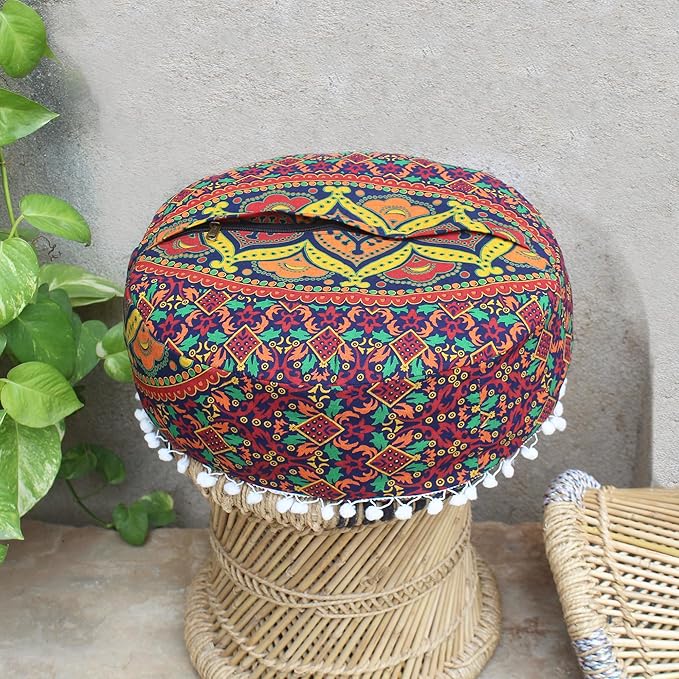 INDIAN CRAFT CASTLE ICC Floor Pillows & Cushion Covers Decorative Hippie Mandala Pouf Pillow Covers Seating Meditation Cushion Cover Large Boho Ottoman Case Pillowcase Couch New Blue, 16" Round - Bloomnest