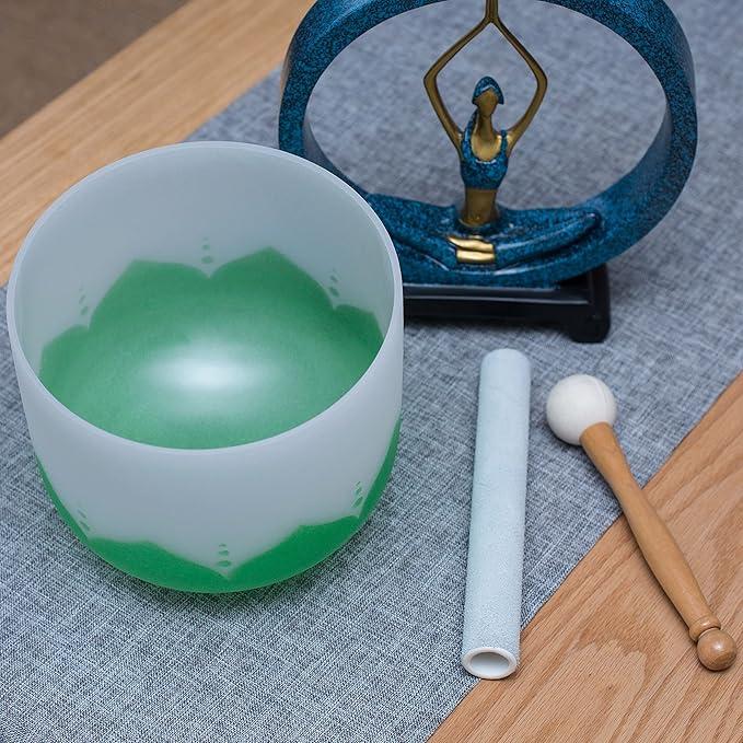 Leize Lotus Design Quartz Crystal Singing Bowl F Note 432 hz Heart Chakra White 10" with Heavy Duty Carrying Case Suede Striker