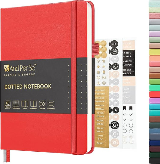 &And Per Se Dotted Journal Notebook, A5 Hardcover Leather Bullet Dotted Journal, 160 Pages 100 gsm Thick Paper, 3 Sheets of Stickers Included - 5.7'' x 8''（Red）