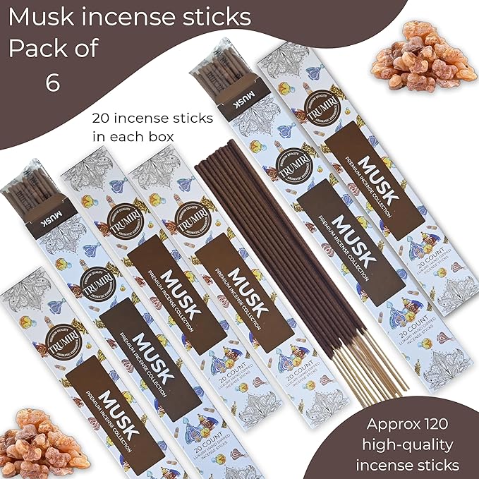 Musk Incense Sticks - Total 120 Insence-Sticks - 6 Packs of 20 Insense - Inciensos - Inscents - Natural Non Toxic Ingredients - Incents - Incence - Inscense - Insents