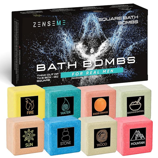 Bath Bombs for Men - Gift Set of 8 Scented Organic Handmade Natural Bath Bombs of 2.5 oz w/Natural Essential Oils, Unique Extra Strength Manly Scents, for Boyfriend, Husband, Father - Square Shape - Bloomnest