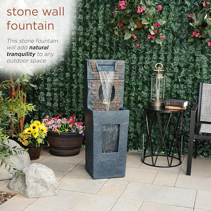 Alpine Corporation TZL398 40" Stone Wall Cascading Fountain with LED Lights, Elegant Outdoor Water Feature for Garden, Patio, Backyard & Home Decor, Relaxing Waterfall Fountain, Gray - Bloomnest