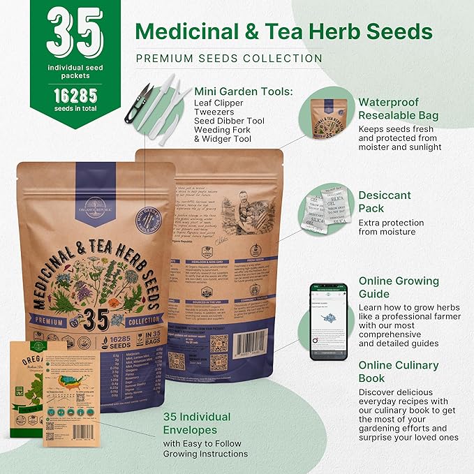 35 Medicinal & Tea Herb Seeds Variety Pack for Indoor & Outdoors. 16,335+ Non-GMO Heirloom Garden Seeds: Anise, Bergamot, Borage, Cilantro, Chamomile, Dandelion, Rosemary Seeds & More - Bloomnest