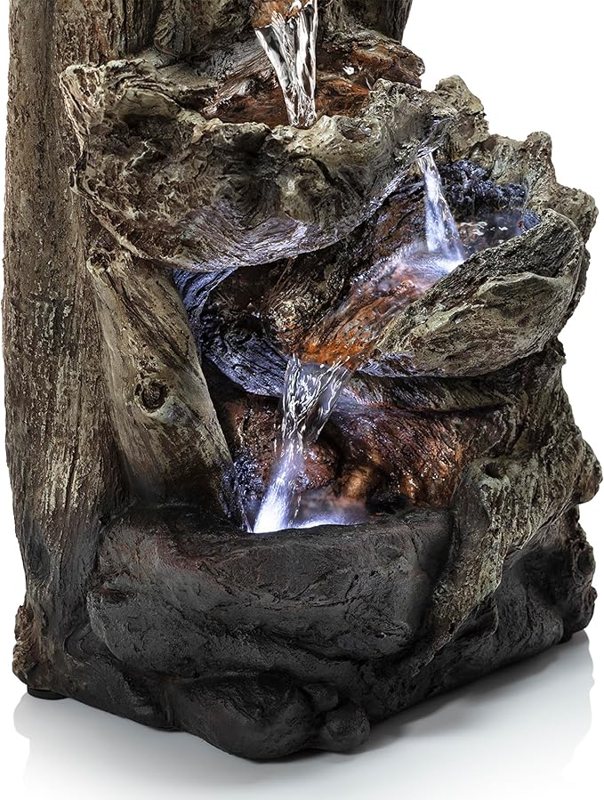 Alpine Corporation | 14"H Indoor Tiered Log Tabletop Fountain with LED Lights — Cascading Waterfall Design Creates Relaxing Ambiance for Home & Office Décor - Bloomnest
