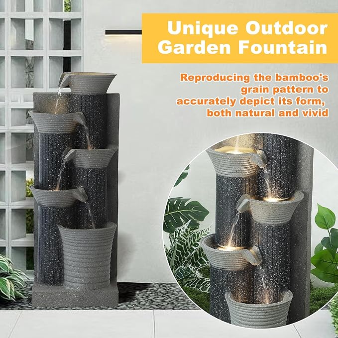 MAGIC UNION Outdoor Water Fountain, 5 Tiers Cascading Waterfall Indoor Water Feature Garden Decor with LED Lights, Patio Resin Fountains for Yard, Deck, Porch and Home, Bamboo Element (Gray) - Bloomnest
