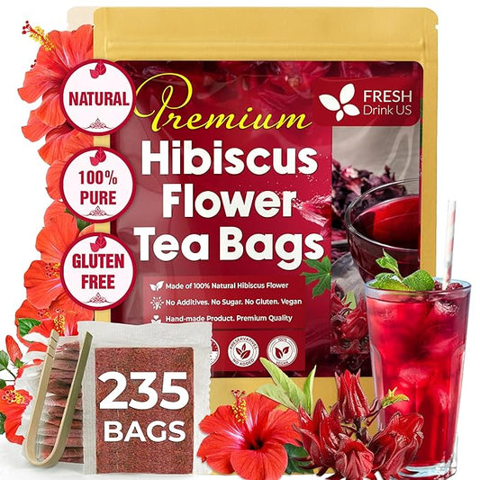 FreshDrinkUS, Premium 235 Hibiscus Flowers Tea Bags, 100% Natural, Pure from Hibiscus Flowers. Loose Flower Herbal Tea. No Sugar, No Caffeine, No Gluten, Vegan. - Bloomnest