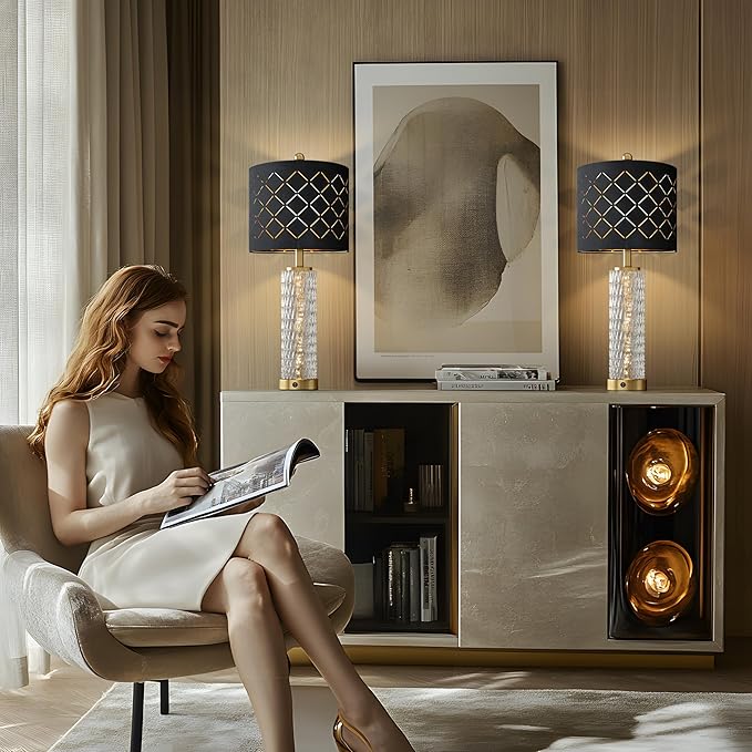 Oneach 27.75" Modern Table Lamps Set of 2, Gold Bedside Lamp with Crystal Nightlight, USB A+C, Black Grid Shade, Unique Desk Lamps for Living Room, Bedroom, Nightstand, End Table (2 Bulbs Included) - Bloomnest