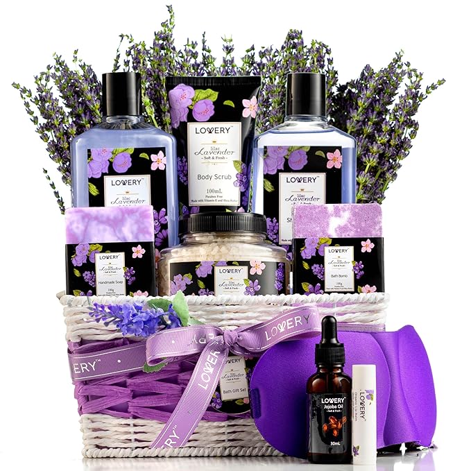 Gift Baskets for Women, Valentines Day Gifts for Her, Spa Gifts for Women – Lavender & Lilac Bath Set Soap, Bath Bomb, Jojoba Oil, Lip Balm Bath and Body Gifts for Mom