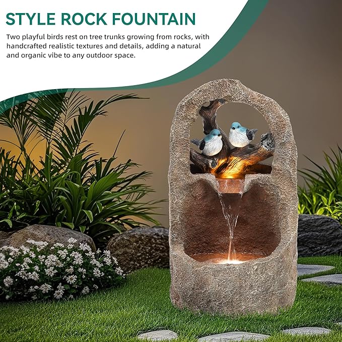 27" 2-Tier Bird Outdoor Water Fountain with Lights, Natural Zen Garden Fountain, Relaxing Waterfall Floor, Yard, Porch or Deck Decor, Whether-Resistant, Faux Granite Texture