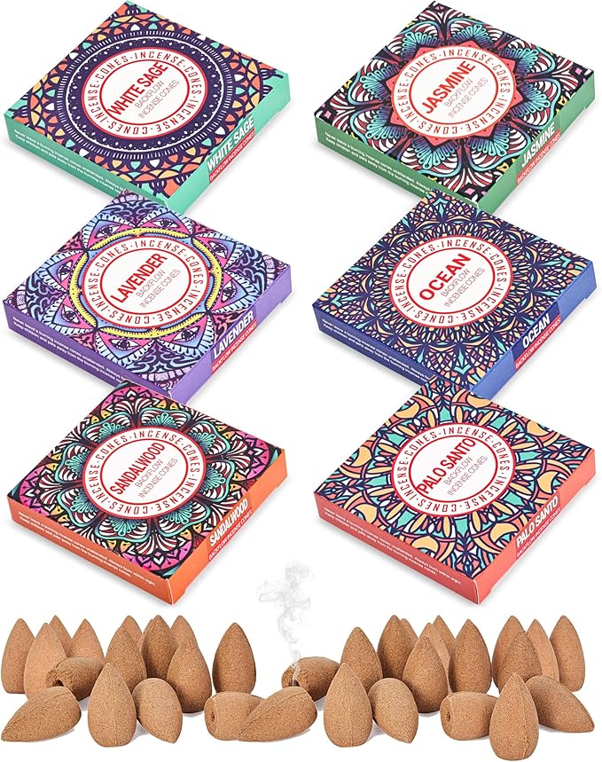 Backflow Incense Cones - 6 Mixed Natural Scents - Sandalwood, Lavender, Jasmine, Ocean, White Sage, Palo Santo, for Purification, Relaxation, Yoga, Meditation Pavocristatus
