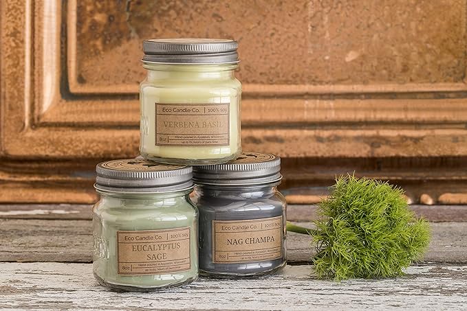 ECO CANDLE CO. Mason Jar Candle, Seagrass, 8 oz. - Scents of Coconut, Jasmine, Eucalyptus, Vetiver, Driftwood, & Seaweed - 100% Soy Wax, No Lead, Kraft Label & Antiqued Pewter Lid, Hand Made - Bloomnest