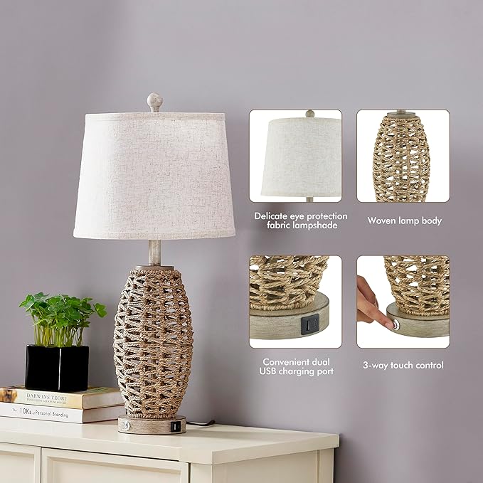 27” Natural Rattan Table Lamps Set of 2,Touch Switch,3-Way Dimmable Bedside Lamps, with A+C USB Charging Ports,Oatmeal Lampshade,Farmhouse Table Lamp for Bedroom, Living Room(2 Bulbs Included) - Bloomnest
