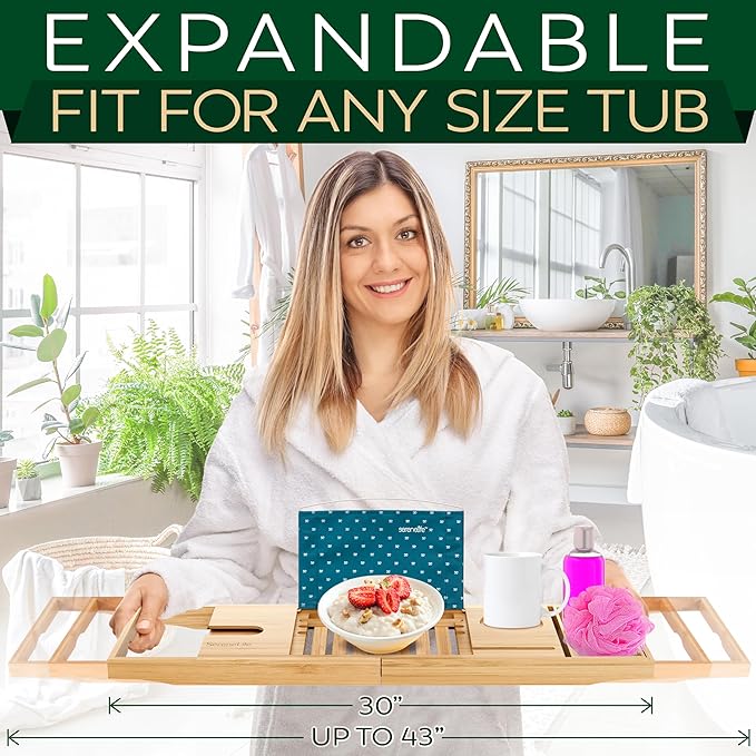 SereneLife Premium Bathtub Tray Caddy with Gift Box and Bow Set, Expandable Bath Tray, Unique House Warming Gifts for Mom, Women, Wedding, Anniversary, Bridal Shower, Fit for All Tub - Classic - Bloomnest