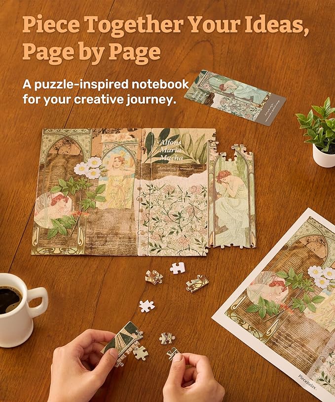 PieceRelax A5 Puzzle Journal for Adults, 300 Piece Plastic Jigsaw Book Cover (Includes Notebook) - Alphonse Mucha - The Times of The Day, Unique Gift [YA1059] - Bloomnest