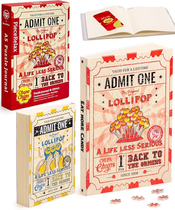 PieceRelax A5 Puzzle Journal for Adults, 300 Piece Plastic Jigsaw Book Cover (Includes Notebook) - Chupa Chups_Timeless Memories - Fun Pass, Unique Gift [YA1067] - Bloomnest