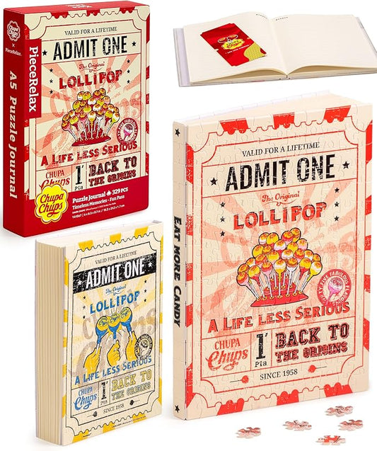 PieceRelax A5 Puzzle Journal for Adults, 300 Piece Plastic Jigsaw Book Cover (Includes Notebook) - Chupa Chups_Timeless Memories - Fun Pass, Unique Gift [YA1067] - Bloomnest