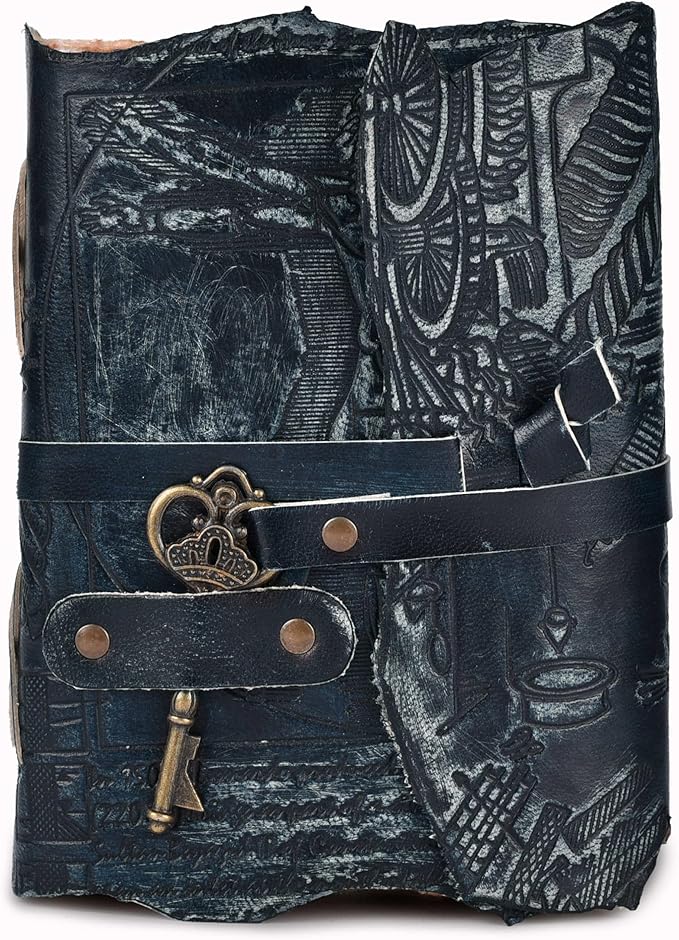 LEATHER VILLAGE Genuine Leather Handmade Journal for Men & Women – Vitruvian Man Embossed Cover – Key Closure – Book of Shadow – Vintage Deckle Edge Paper for Writing, Drawing – 7x5 Inches – Turquoise - Bloomnest