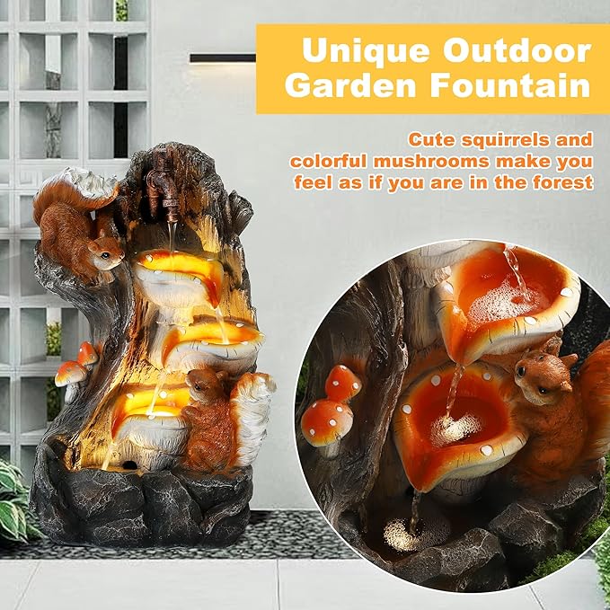 MAGIC UNION Outdoor Water Fountain, Garden Decor Outside Indoor Waterfall Cascading Rock Fountain with Retro Decorative Faucet, Patio Resin Fountains for Yard, Deck, Porch and Home, Imitation Stump - Bloomnest