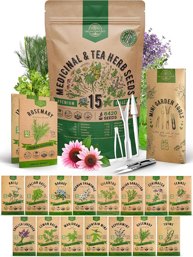 Organo Republic 15 Medicinal & Tea Herb Seeds Variety Pack 6,420+ Non-GMO Heirloom Garden Seeds for Indoor & Outdoors, Including Anise, Borage, Cilantro, Chamomile, Dandelion, Rosemary Seeds - Bloomnest