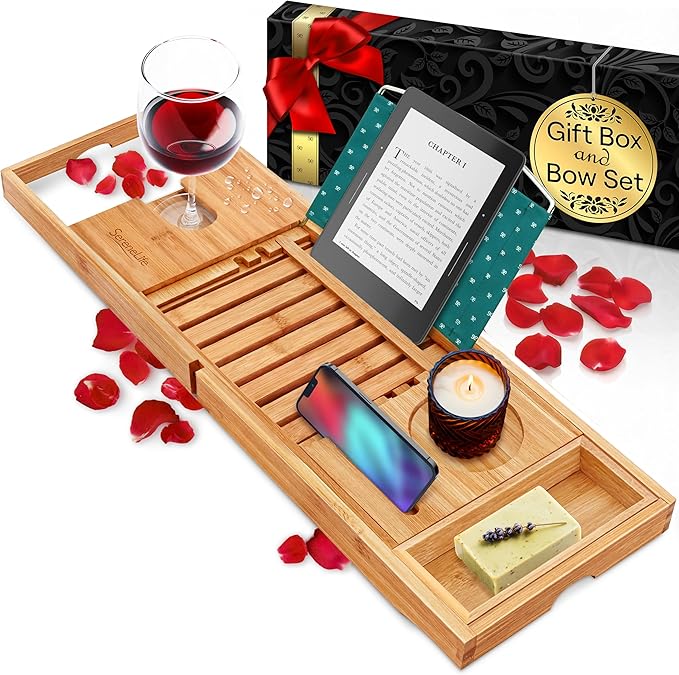 SereneLife Premium Bathtub Tray Caddy with Gift Box and Bow Set, Expandable Bath Tray, Unique House Warming Gifts for Mom, Women, Wedding, Anniversary, Bridal Shower, Fit for All Tub - Classic - Bloomnest