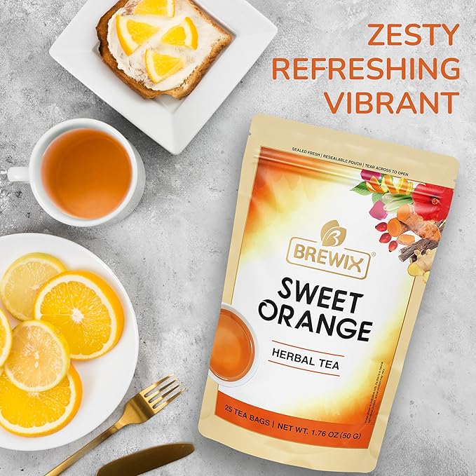 BREWIX, Sweet Orange Hibiscus Tea Bags (25 Pyramid Tea Bags) Caffeine-Free Herbal Tea | Ginger, Hibiscus, Spearmint, Rosehip, Turmeric | Supports Daily Balance & Calm | For Health & Wellbeing | Iced and Hot - Bloomnest