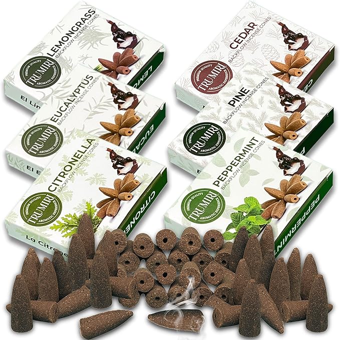 Leafy - Backflow Incense Cones for Waterfall - Scented Inscents-Cones - Peppermint, Citronella, Pine, Cedar, Eucalyptus, Lemongrass - Insiensos Aromaticos - 6x10=60 Large Variety Pack TRUMIRI