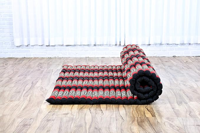 Leewadee - Foldable Floor Mattress - Japanese Roll Up Futon -Trifold Tatami Mat- Guest Floor Bed - Camping Mattress - Thai Massage Mat, Kapok Filled, 75 x 57 inches, Black Red - Bloomnest