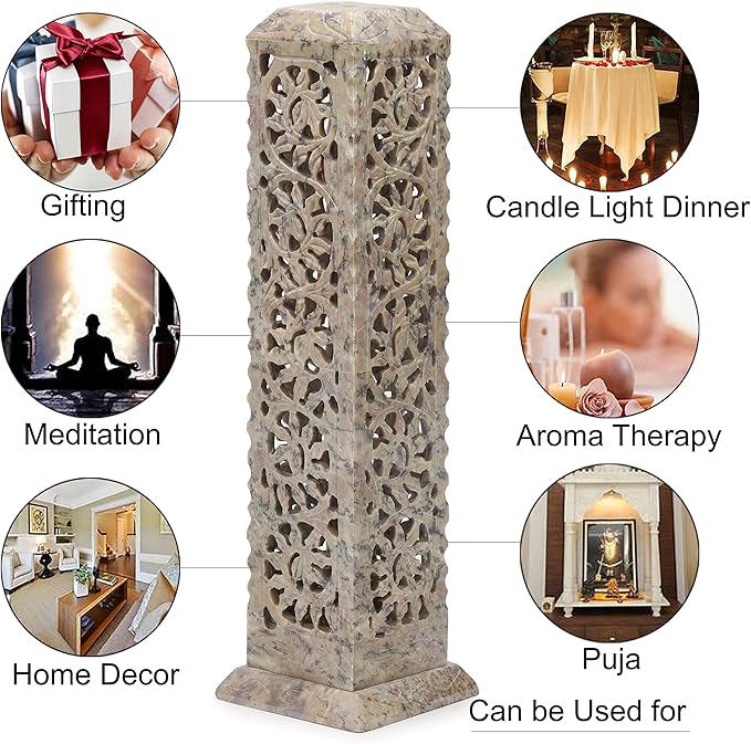 Carry Me Handmade Marble Soapstone Incense Stick Burner | Candle Stick Holder | Tea Light Stand - Perfect Incense Tower for Gifting. Decorative Home and Kitchen Decor (3 x 3 x 11 Inches) - Bloomnest