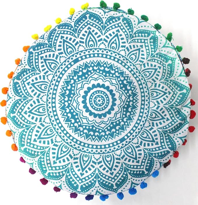 INDIAN CRAFT CASTLE ICC Mandala Barmeri Large Floor Pillow Cover Cushion Meditation Seating Ottoman Throw Cover Hippie Decorative Zipped Bohemian Pouf Ottoman Cases Green Ombre 16" Round - Bloomnest