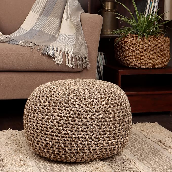 REDEARTH Round Pouf Ottoman - Hand Knitted Cable Boho Poof Home Décor Pouffe Circular Footrest for Living Room - Nursery - Bedroom - Lounge 100% Cotton (19.5"x19.5"x14") - Beige Ivory - Bloomnest