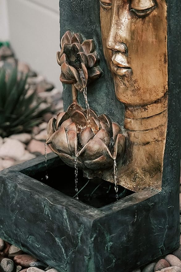 XBrand 30" Indoor/Outdoor Buddha Face Water Fountain with LED Light and Pump Zen Decor for Home, Office, Garden, and Patio