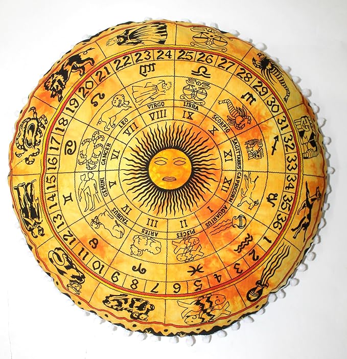 CRAFT KALA Boho Large Floor Pillow Pouf Cover Mandala Meditation Room Pillow Cover for Adults Round Bohemian Seating Pouf Cushion Cover for Kids Playroom 22" Yellow Zodiac - Bloomnest