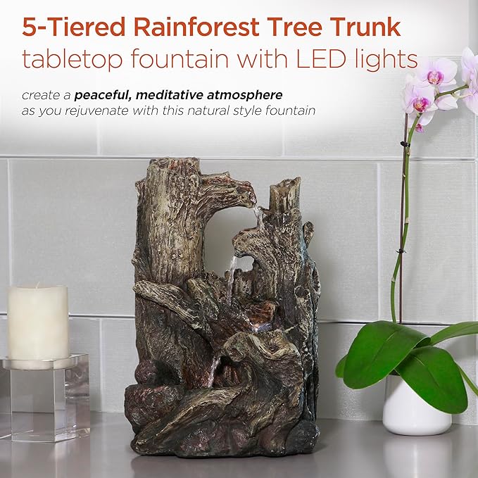 Alpine Corporation WIN786S Indoor 5 Tiered Rainforest Tree Trunk Tabletop Waterfall Fountain with LED Lights, 14" Tall, Brown - Bloomnest